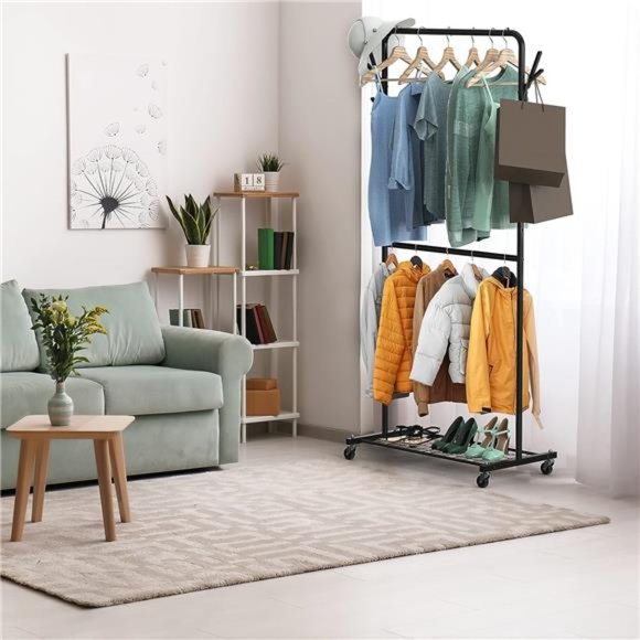 Simple Houseware Double Rod Garment Rack With Wheels and Hooks, Black - Picture 4 of 6